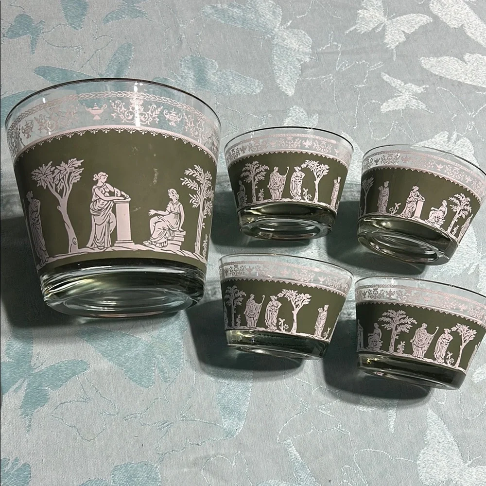 Vintage Jeannette Hellenic Wedgwood Ice Bucket, glasses, and desert dishes